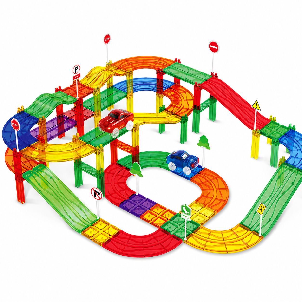 Moncha DIY Magnetic Tile 110 Pieces Race Car Track Set