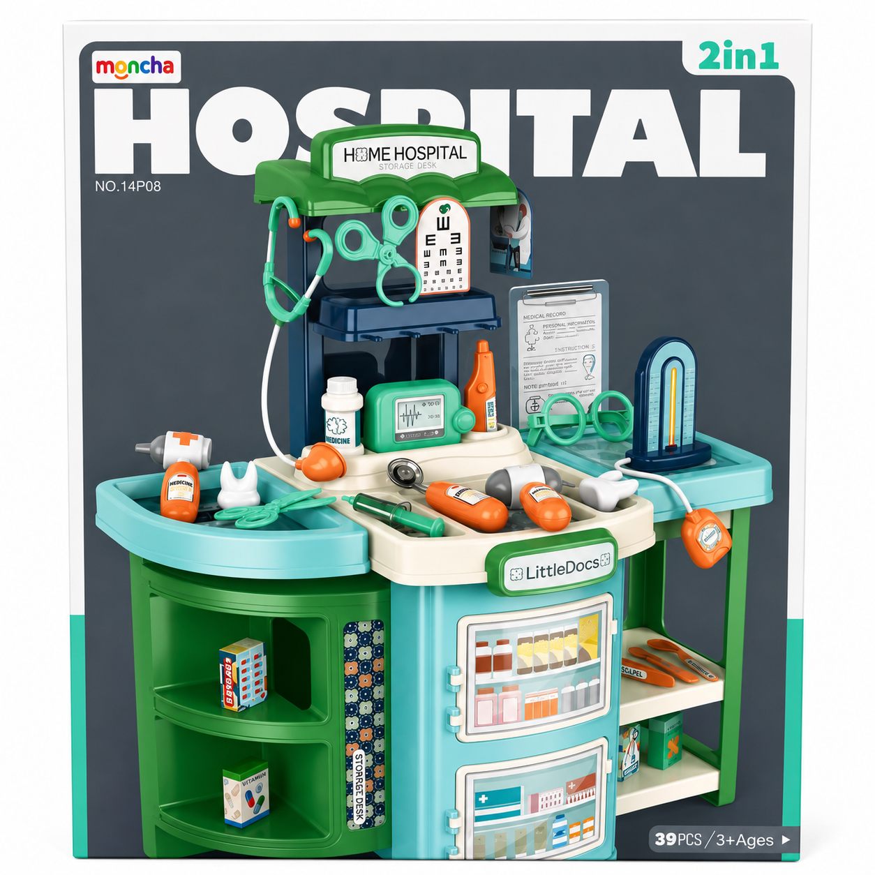 Moncha 39Pc 2-in-1 Home Hospital Playset