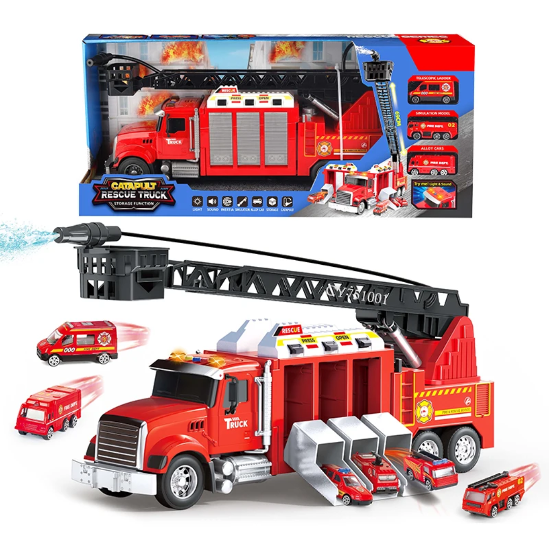 Catapult Fire Rescue Truck with Water Spray & 3 Mini Vehicles